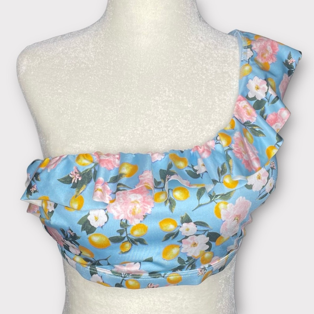 Victoria’s Secret Swim Bikini Top Large One Shoulder Ruffle Blue Lemon Feminine